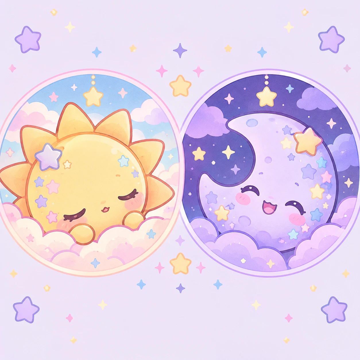 kawaii matching cutecore profile pictures of a sleepy sun and a smiling moon