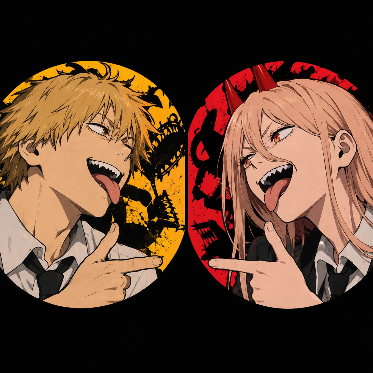 Matching Denji and Power icons with mirrored expressions, anime PFP pair