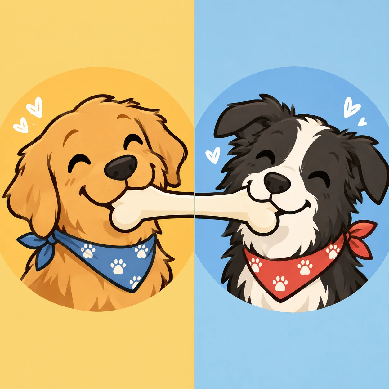 Matching cartoon dog PFP pair sharing an illustrated bone across both images