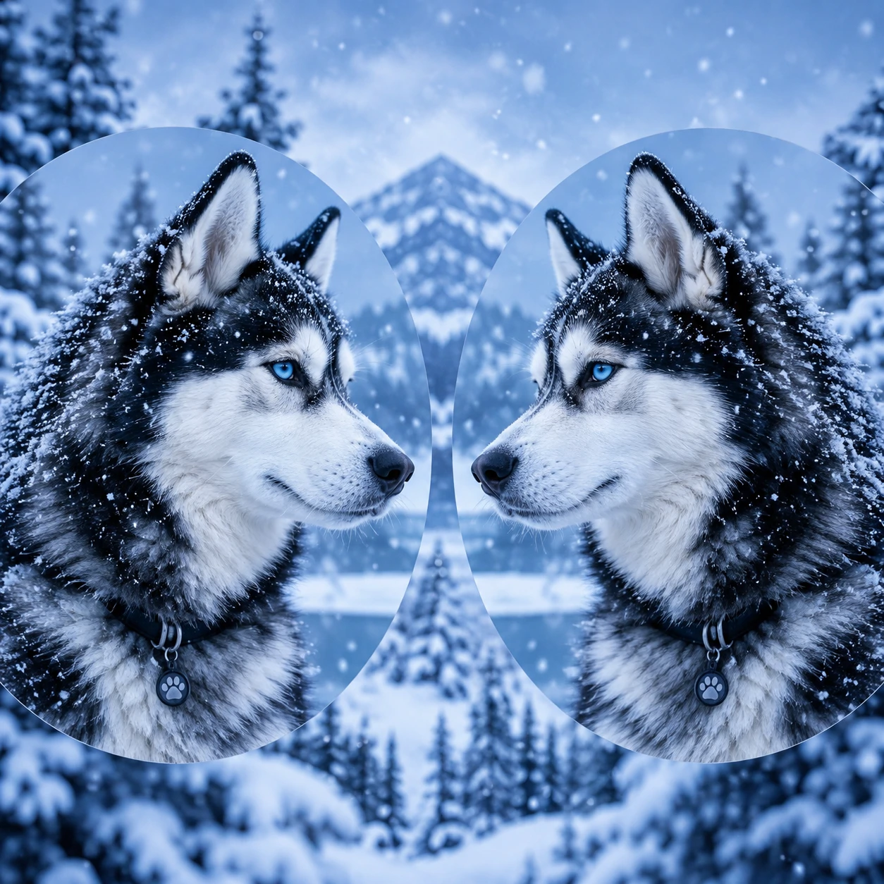 Matching dog profile pictures of two mirrored huskies in snow