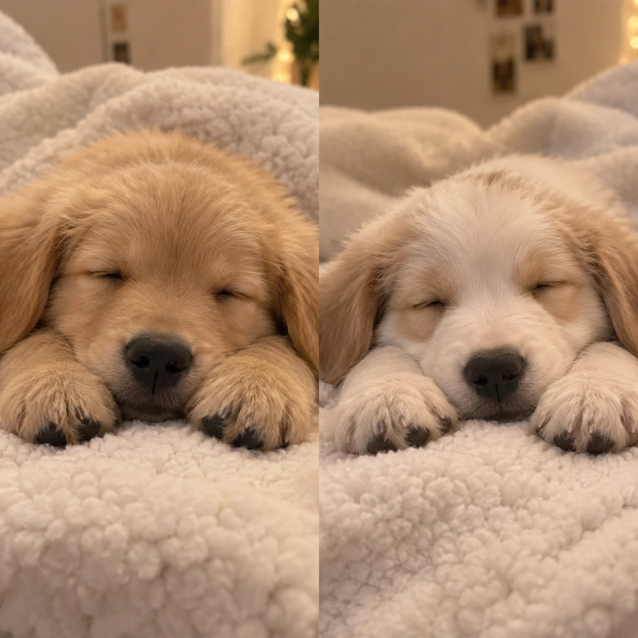 Matching sleepy puppy PFPs of two puppies napping in matching poses
