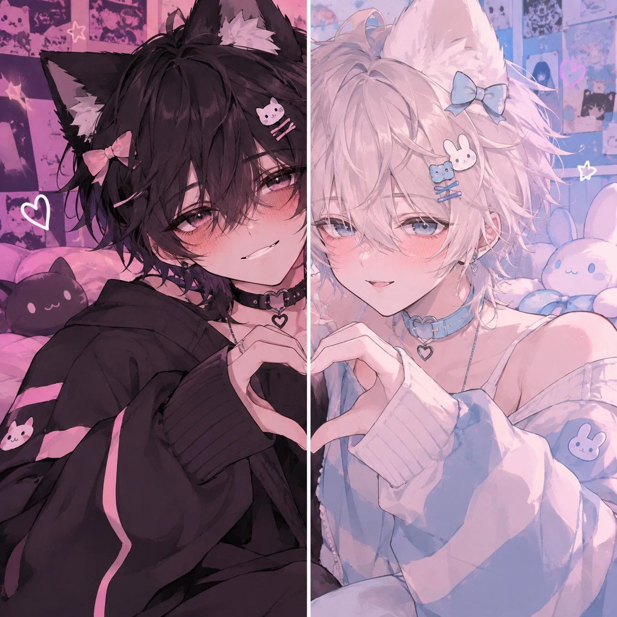 Matching femboy couple PFP split artwork, one image divided into two icons