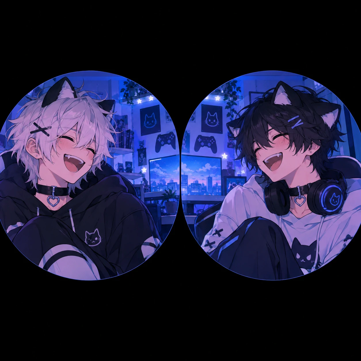 Matching femboy PFP for best friends with two anime boys laughing together