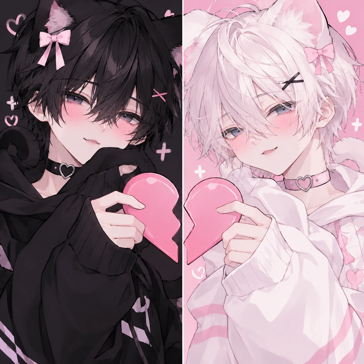Matching femboy PFP couple set with two anime boys and connecting heart halves