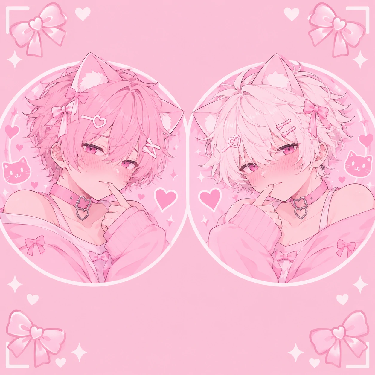 Pink matching femboy PFP icons with mirrored poses and soft blush details