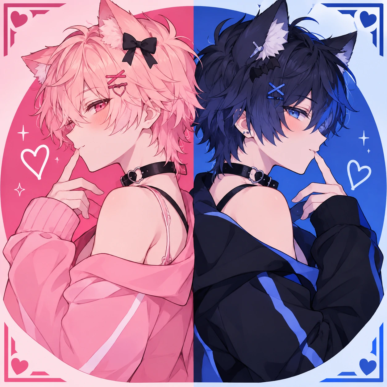 Matching femboy PFP with mirrored back-to-back poses in complementary colors