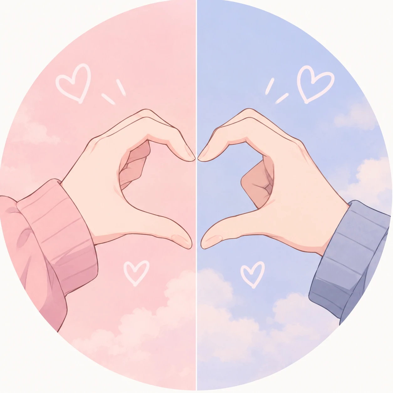 Anime matching heart pfp with a hand forming half a heart gesture, soft colors