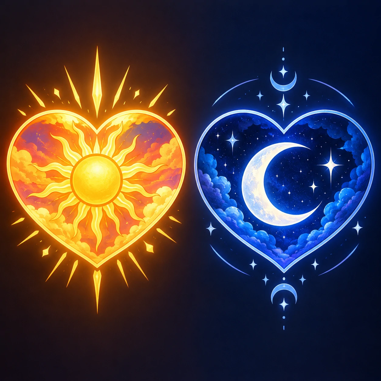 Matching heart pfp set with a sun-themed heart and a moon-themed heart