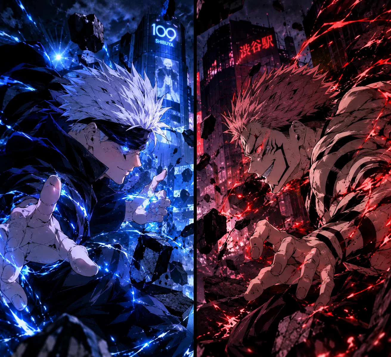 Shibuya arc matching PFP of Gojo and Sukuna in battle poses