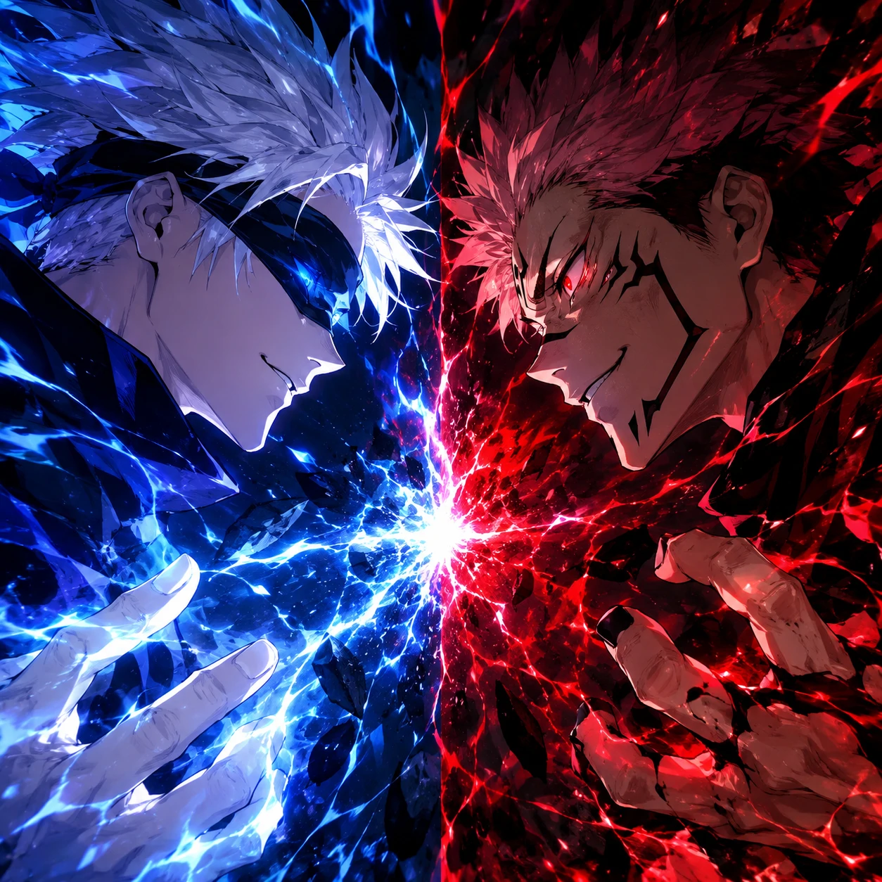 Matching Sukuna and Gojo icons facing off with cursed energy clash