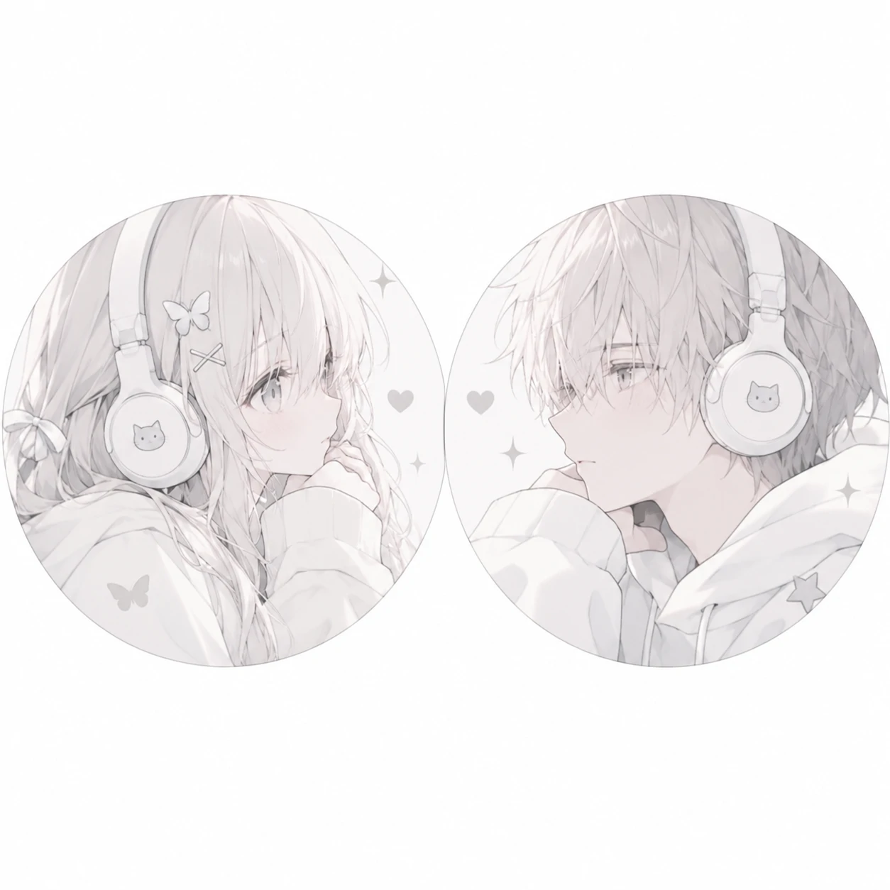 Matching white anime PFP pair for couples with mirrored soft pale designs