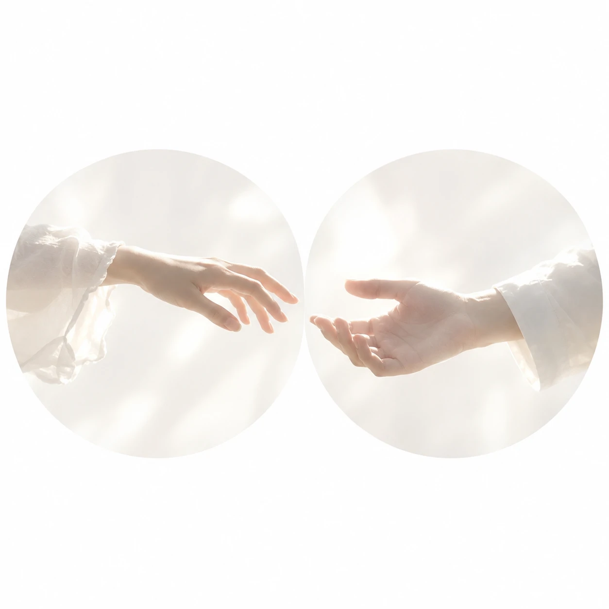 Matching white PFP for couples showing two reaching hands in soft white light