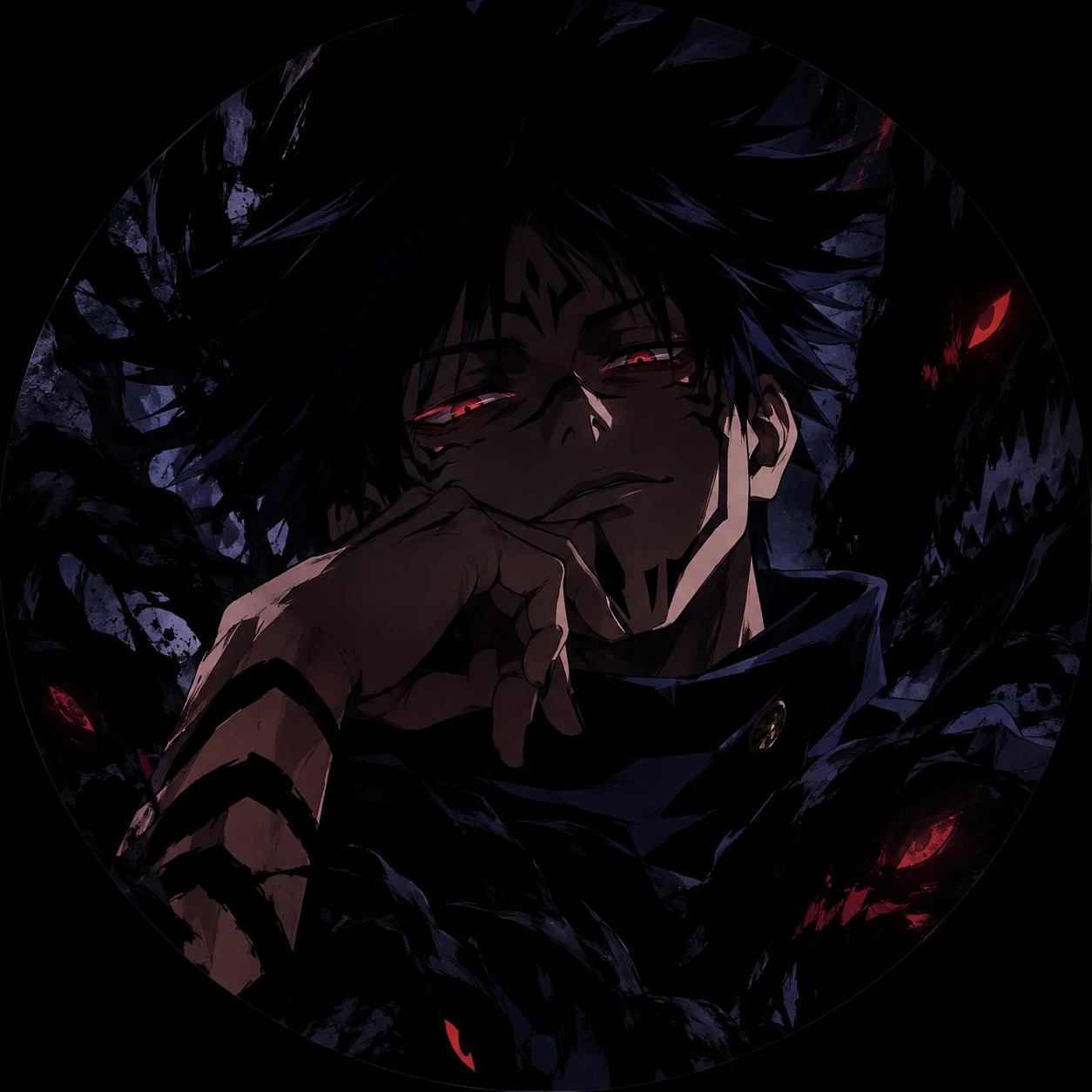 Meguna PFP showing Sukuna in Megumi Fushiguro’s body with dark shadows