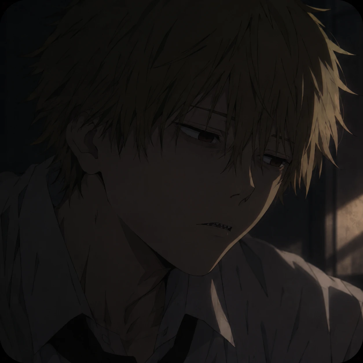 Melancholy Denji PFP icon with dim lighting and soft shadows, anime art