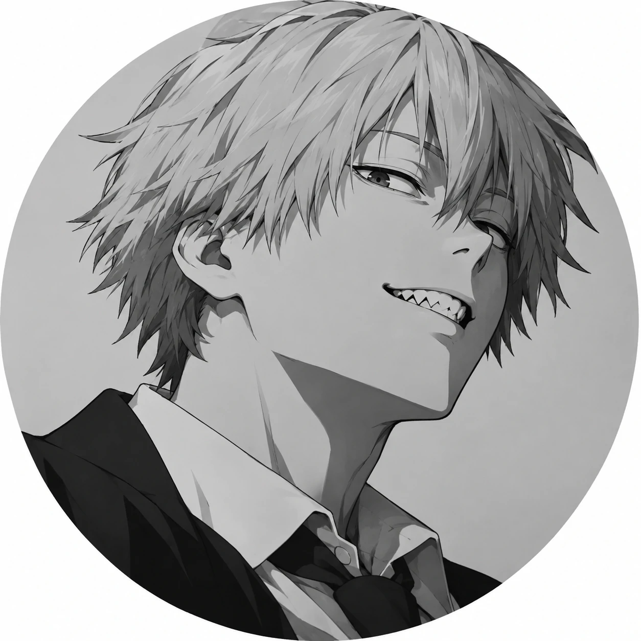 Monochrome Denji PFP icon with clean greyscale anime shading, Chainsaw Man