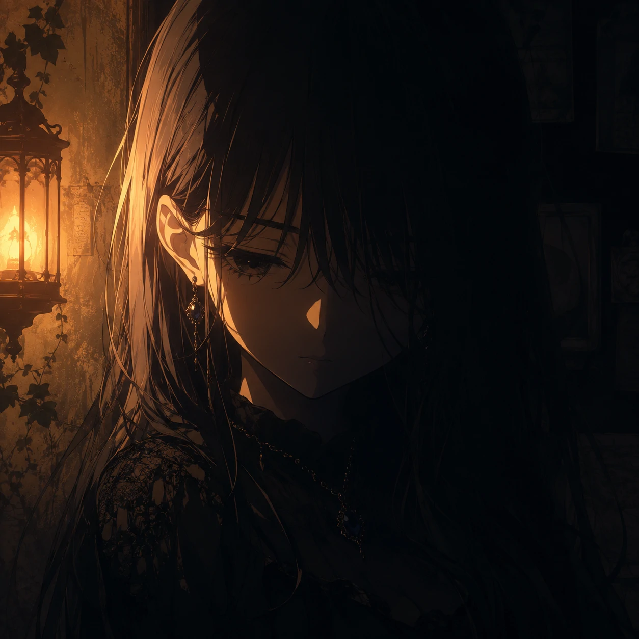 Moody dark anime girl pfp with half her face lost in deep shadow