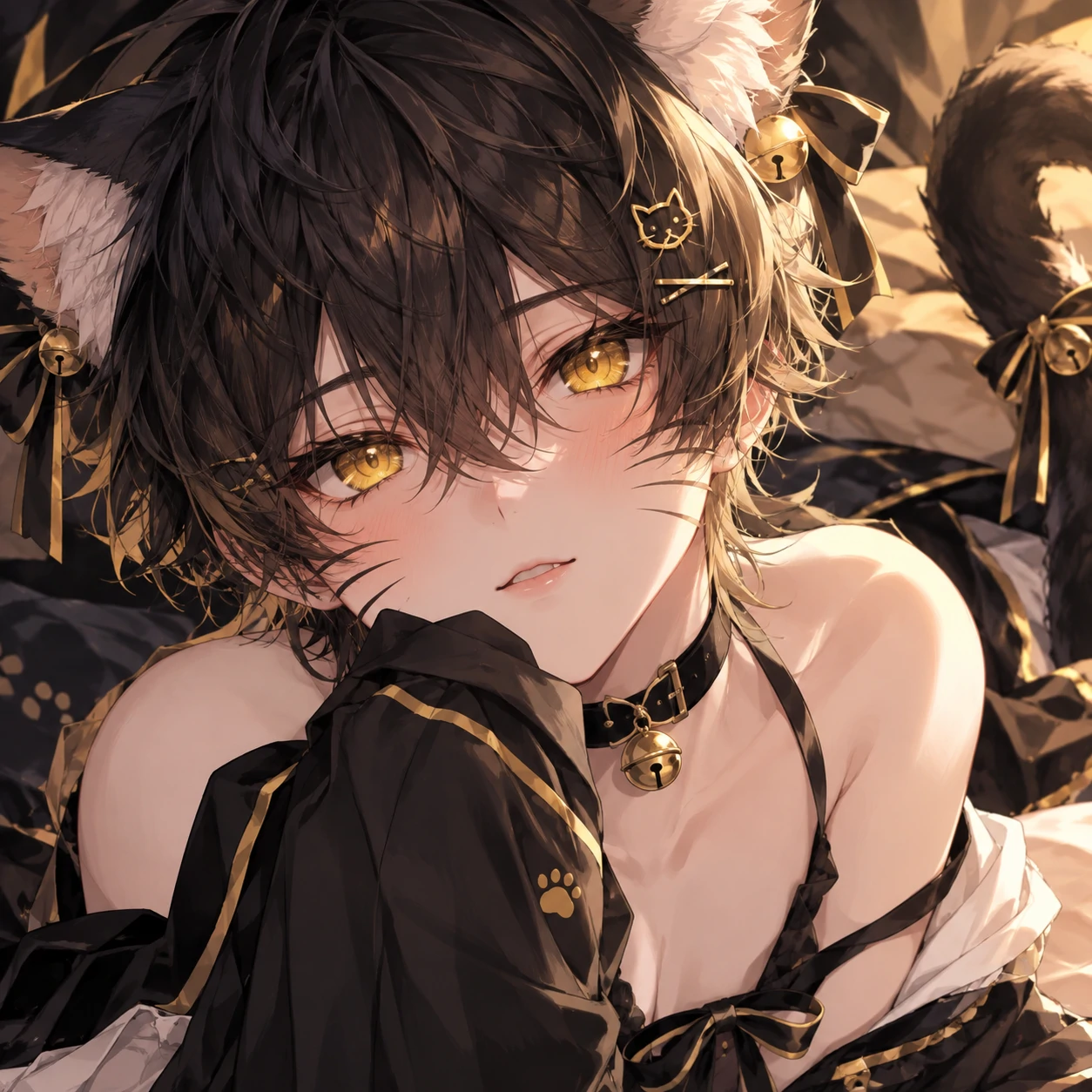 Neko femboy PFP in detailed anime art style with whiskers and golden eyes
