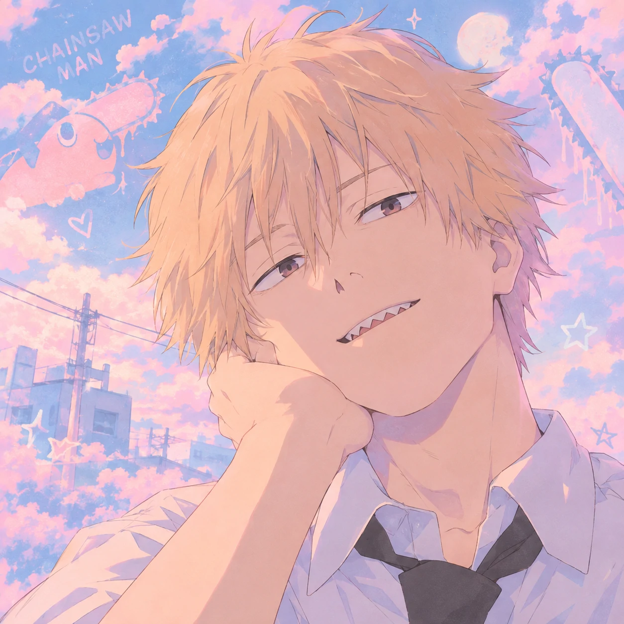 Pastel aesthetic Denji PFP with dreamy background and relaxed anime expression