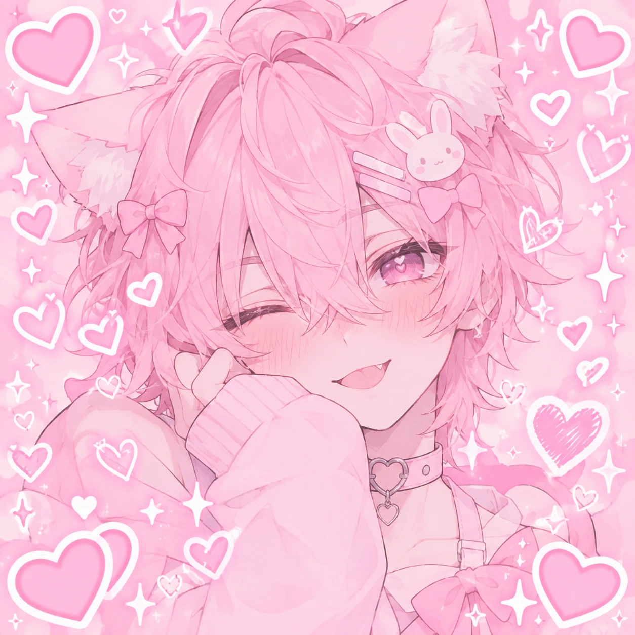 Pastel pink femboy PFP surrounded by floating heart doodles and sparkles