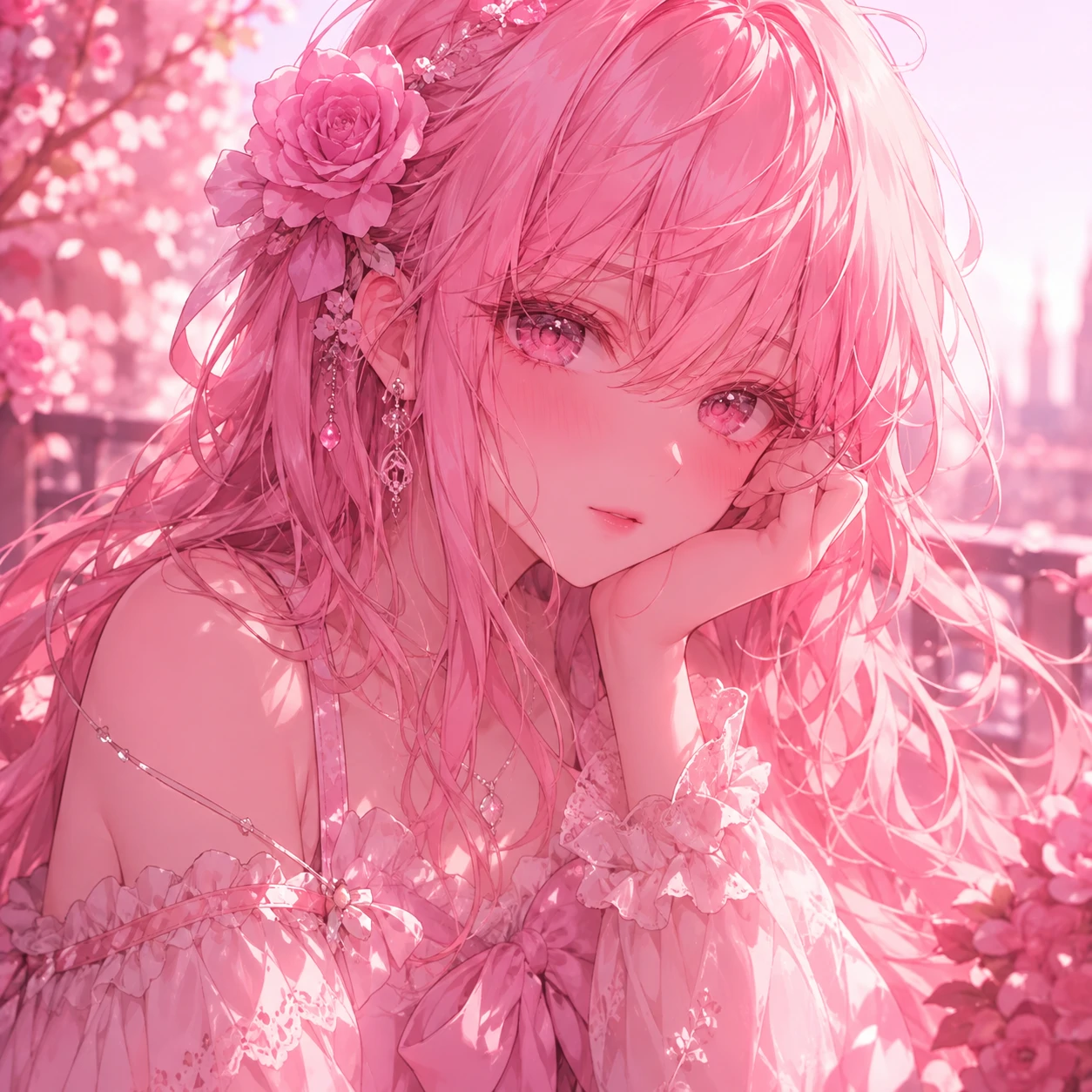 Pink aesthetic anime girl avatar with rose-tinted lighting and soft blush