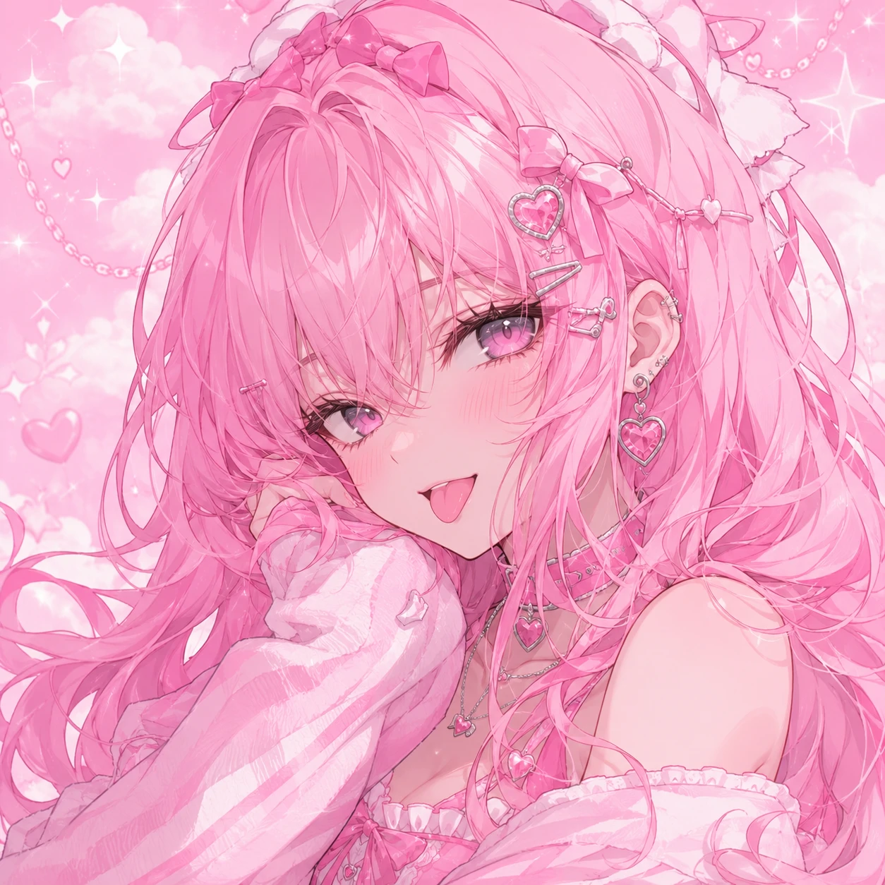 Pink anime girl pfp with bubblegum-pink hair and matching pastel background