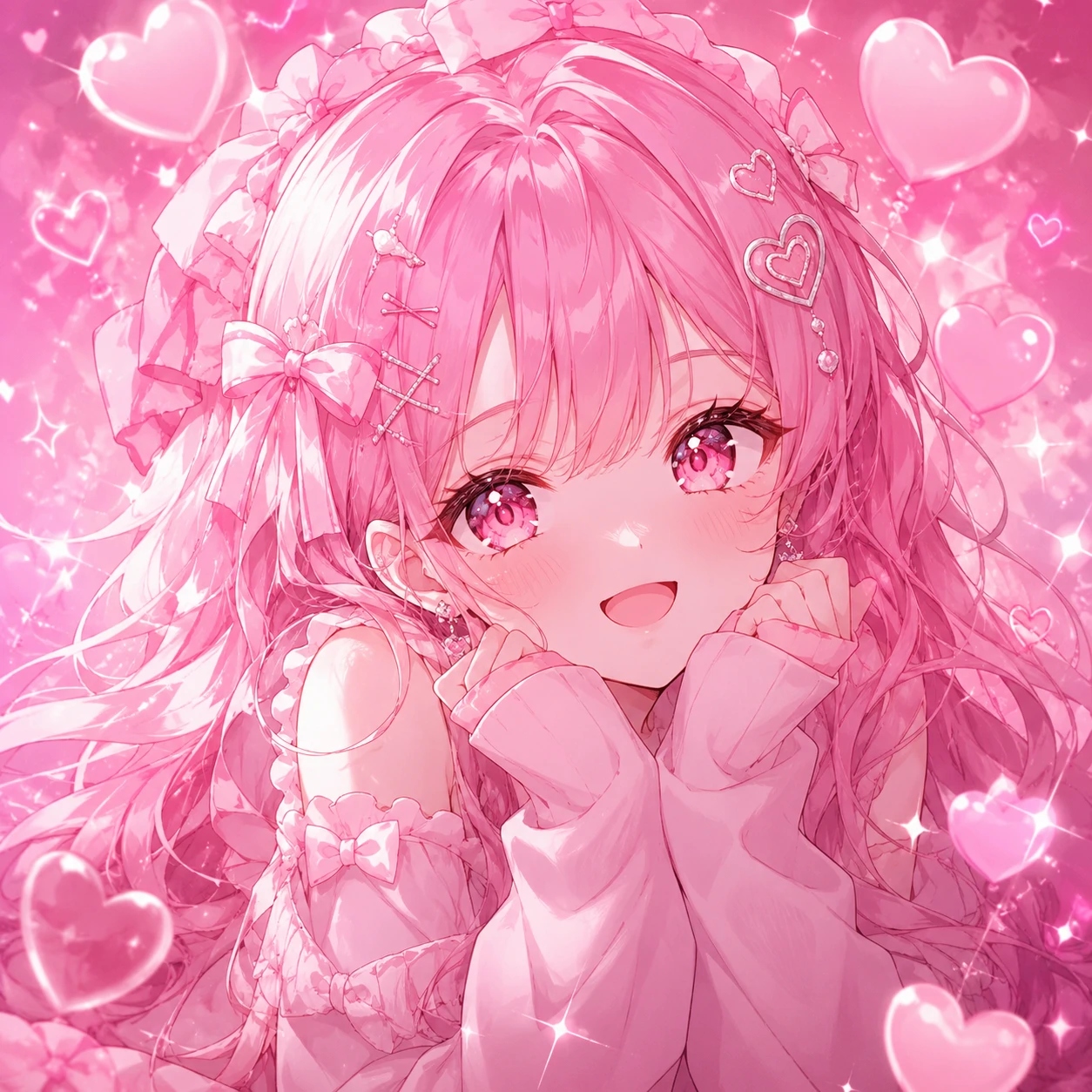 Pink anime girl pfp surrounded by floating pastel hearts and sparkles