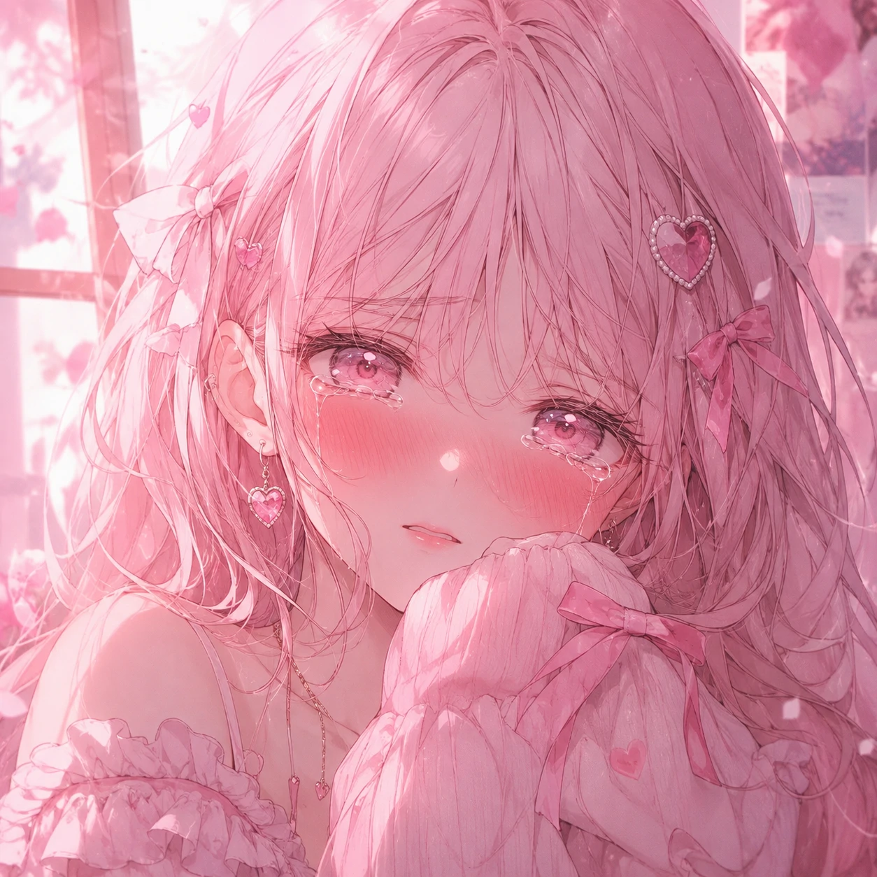 Pink anime pfp of a teary-eyed girl with heavy blush and soft lighting