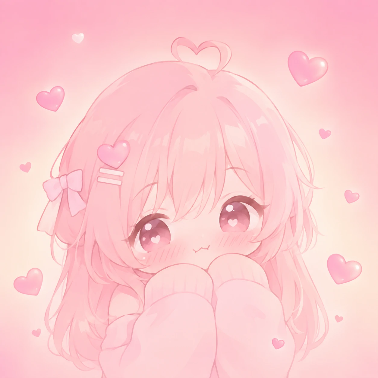 soft pink cutecore pfp with blush gradient background and floating mini hearts