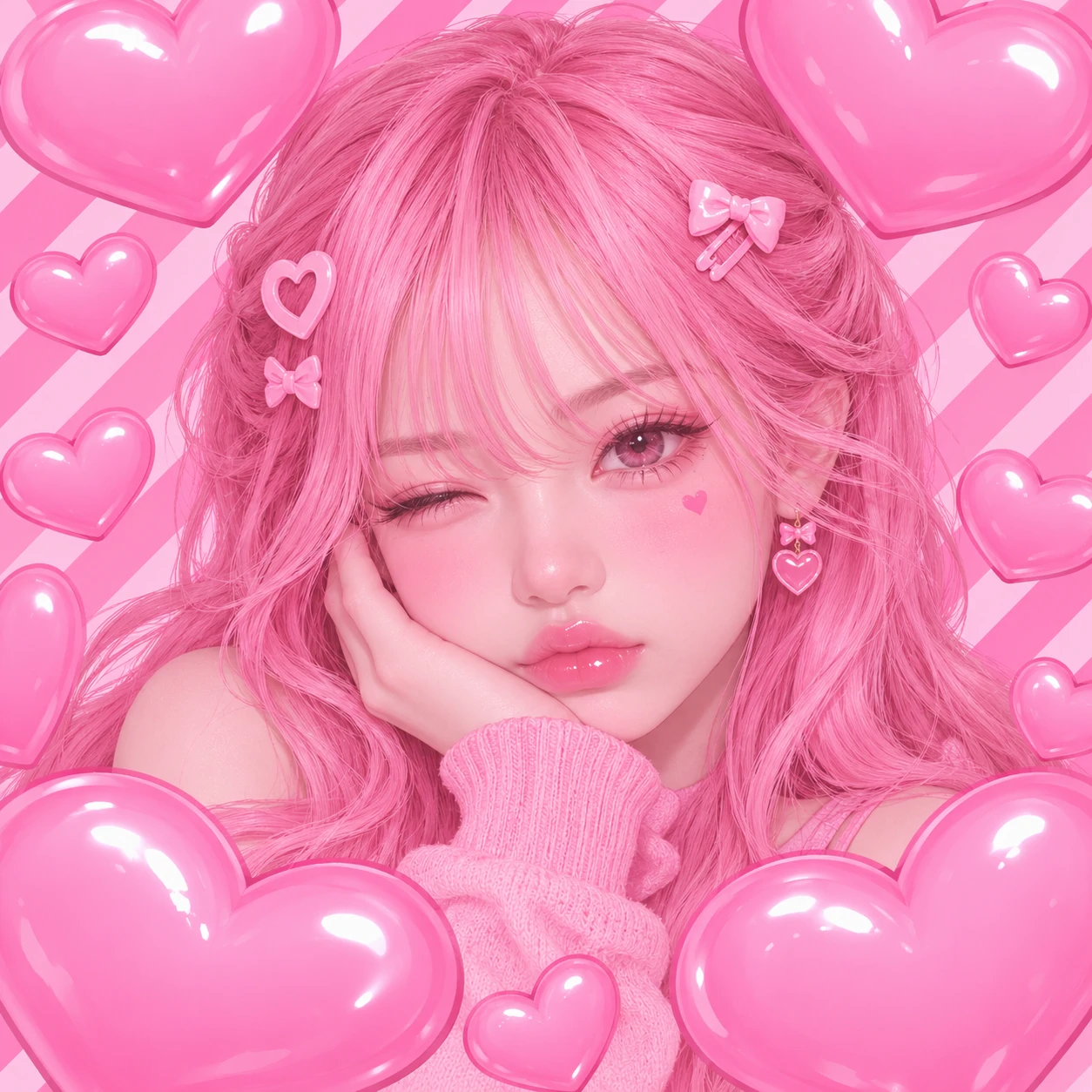 pink cutecore pfp portrait of a girl framed by glossy bubblegum hearts