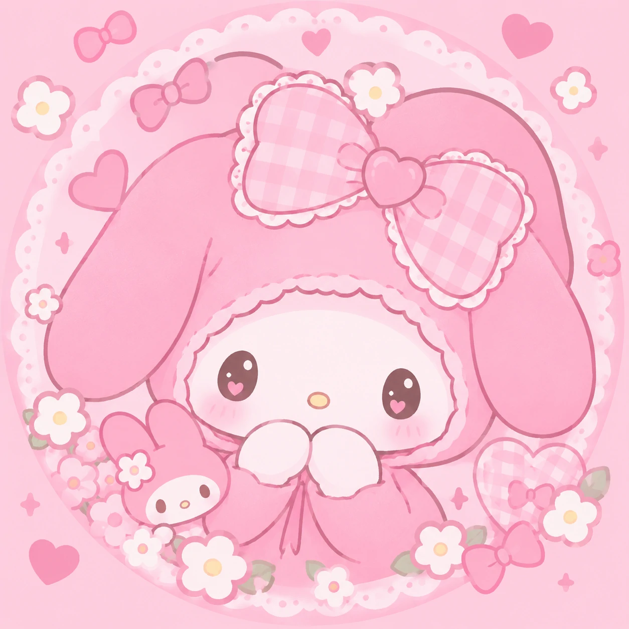 pink cutecore profile picture inspired by My Melody with a hood and bow