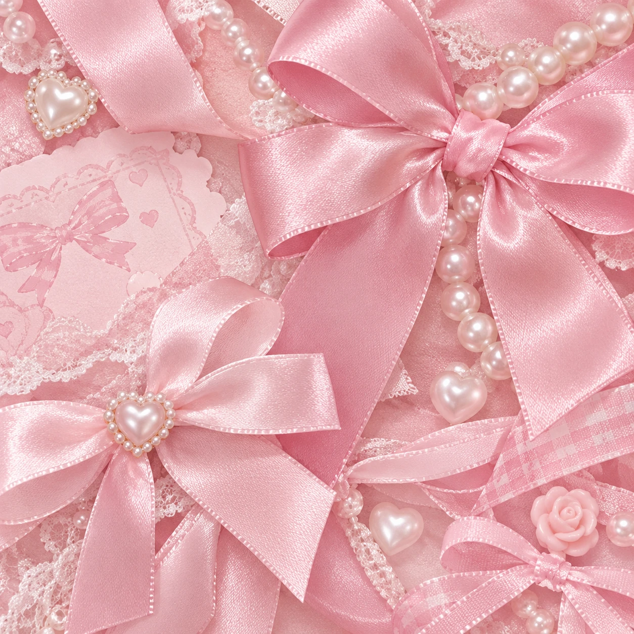 pink cutecore pfp close-up of satin ribbons and bows with pearl details