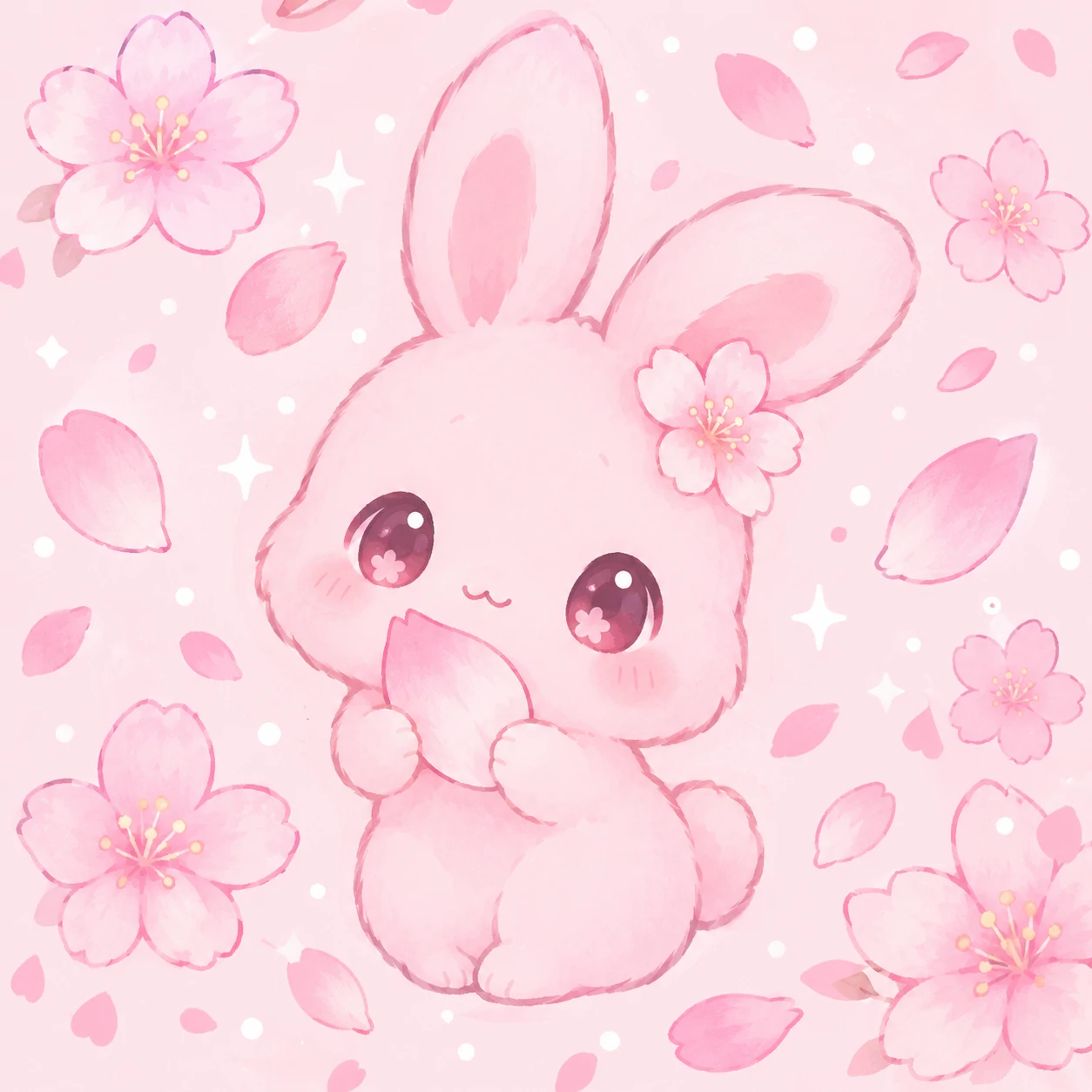pink cutecore icon pfp of a bunny holding a cherry blossom petal