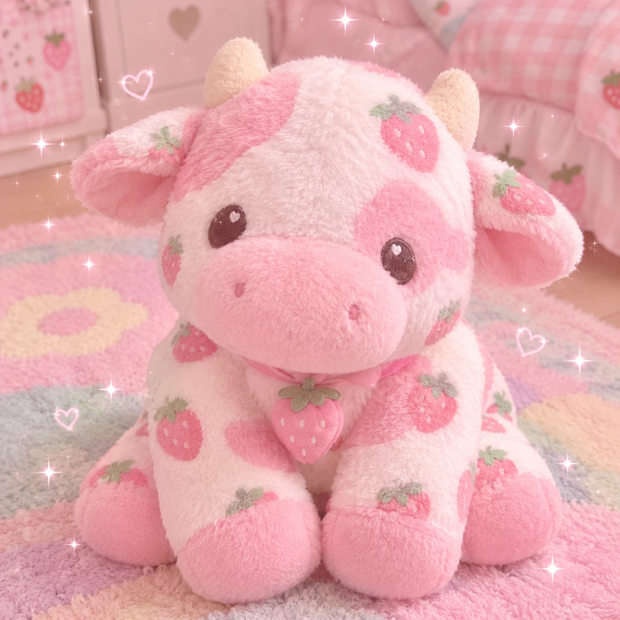 cute pink cutecore pfp of a strawberry-patterned cow plush on a pastel rug