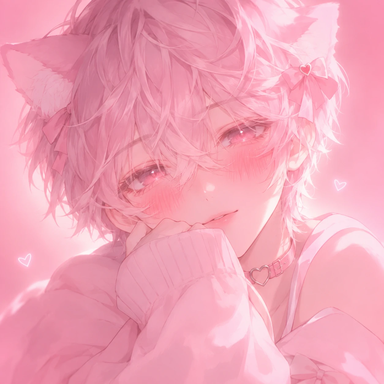 Soft pink femboy PFP with glowing blush, rose gradient and dreamy lighting