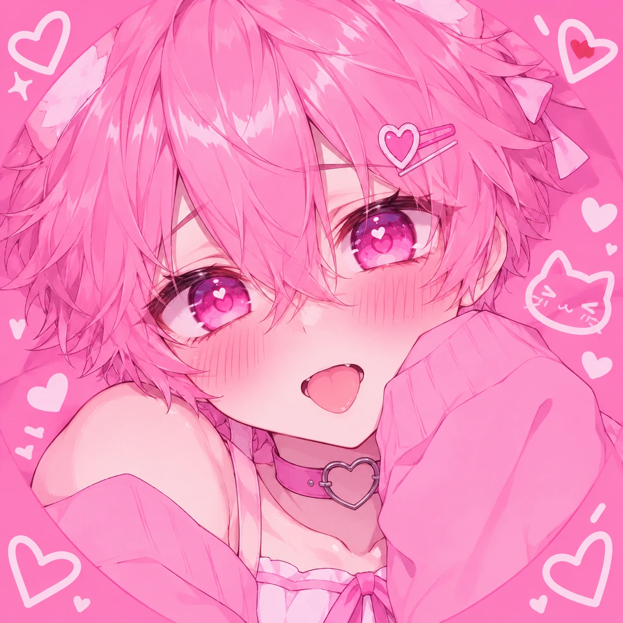 Pink femboy PFP with bubblegum pink hair, bright blush and big anime eyes