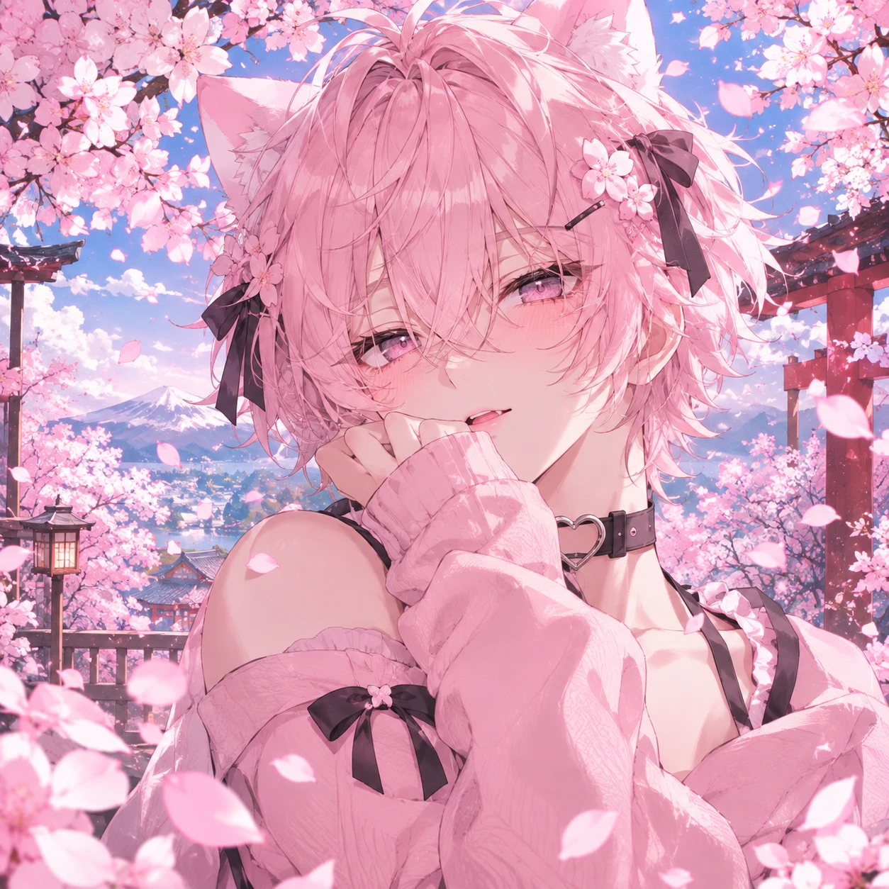 Pink femboy PFP with falling cherry blossom petals and spring anime background