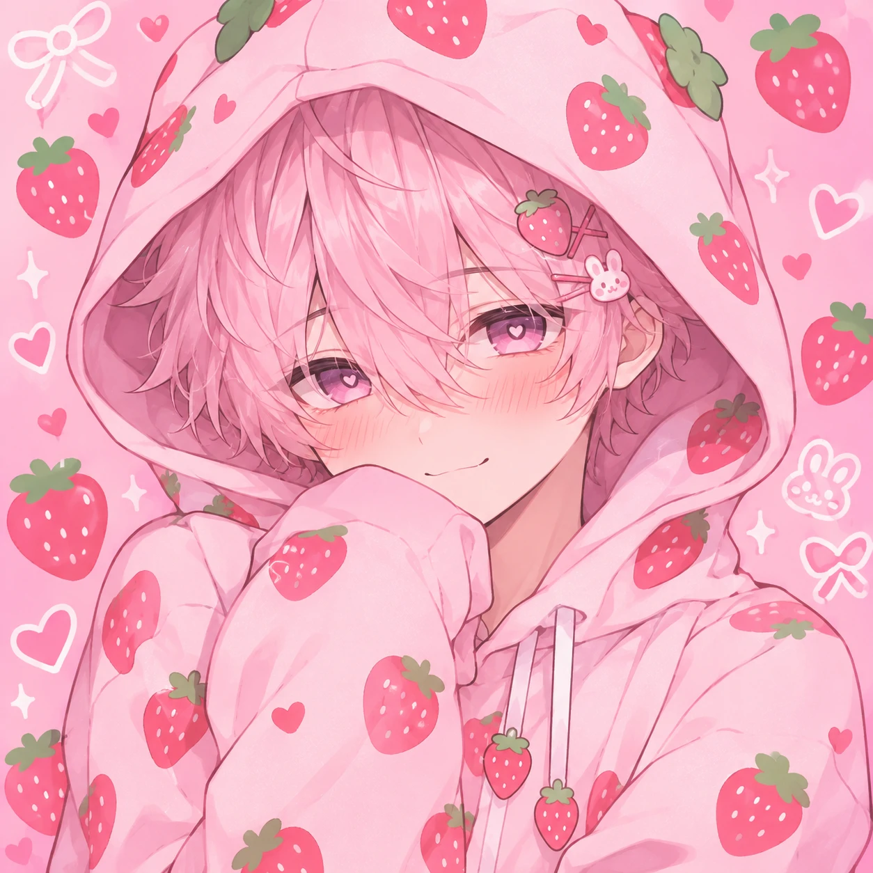Kawaii pink femboy PFP wearing a strawberry hoodie with hood up and shy smile