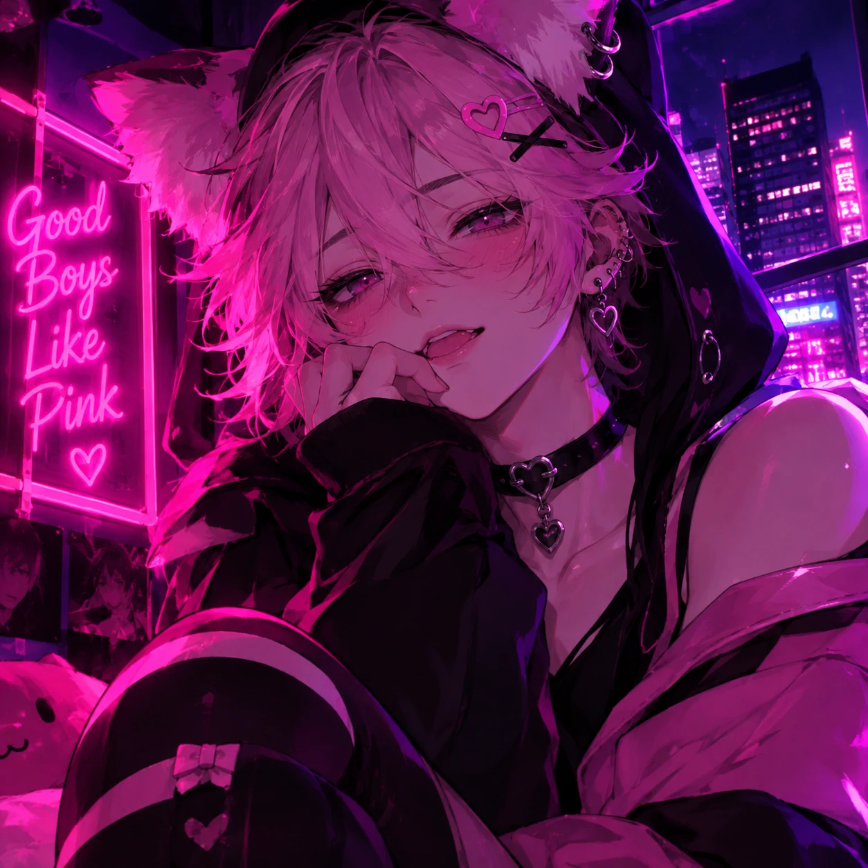 Pink femboy PFP lit by neon sign glow with hot pink and violet night colors