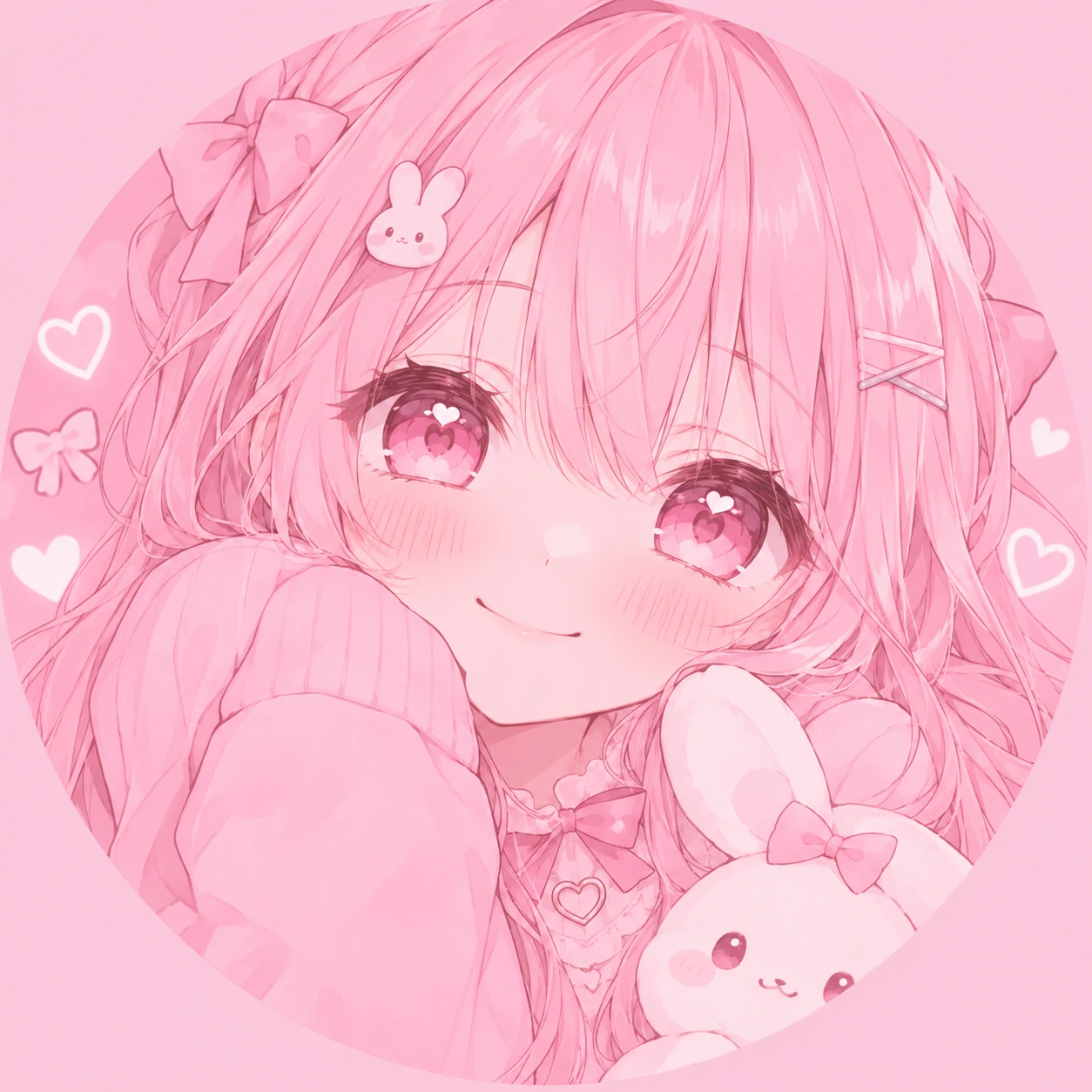 Pink kawaii PFP of a soft-girl anime character with rosy cheeks and pink hair