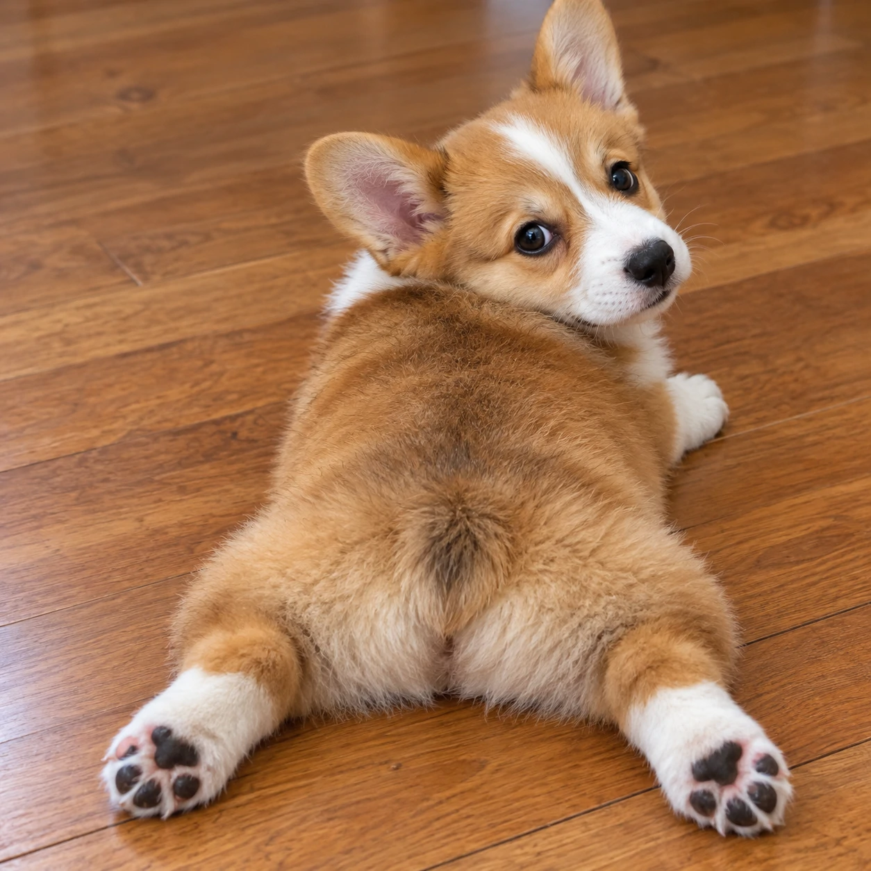 Corgi puppy PFP doing a full sploot on a wooden floor