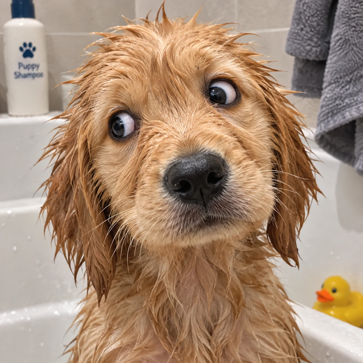 Puppy PFP of a wet golden retriever puppy after its first bath