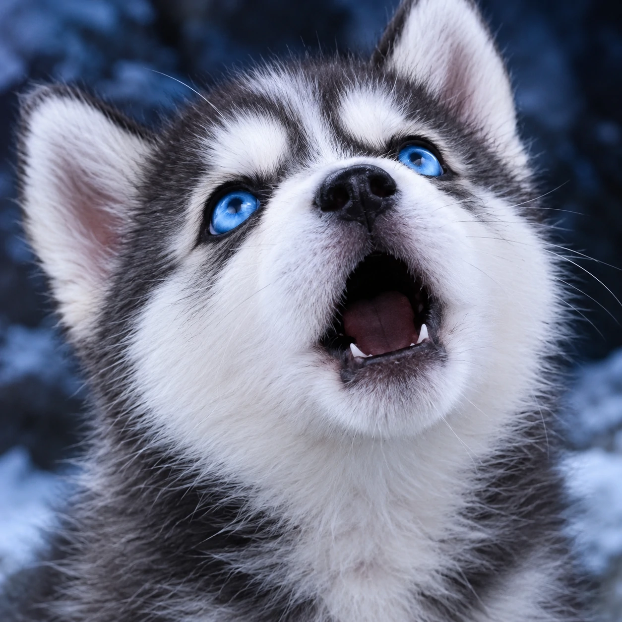 Husky puppy PFP with bright blue eyes mid-tiny-howl