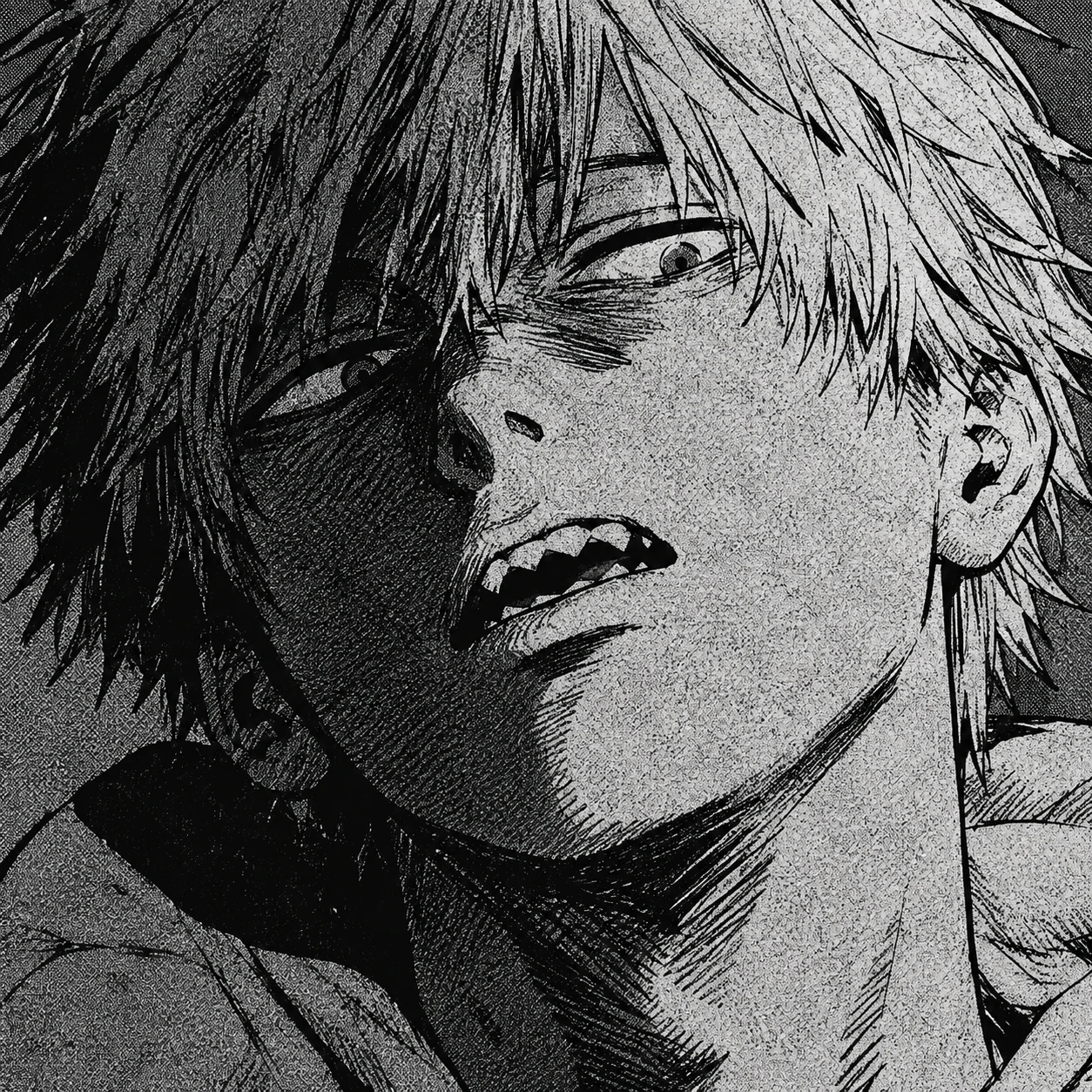 Raw manga Denji icon with screentone texture and dramatic shading, PFP crop