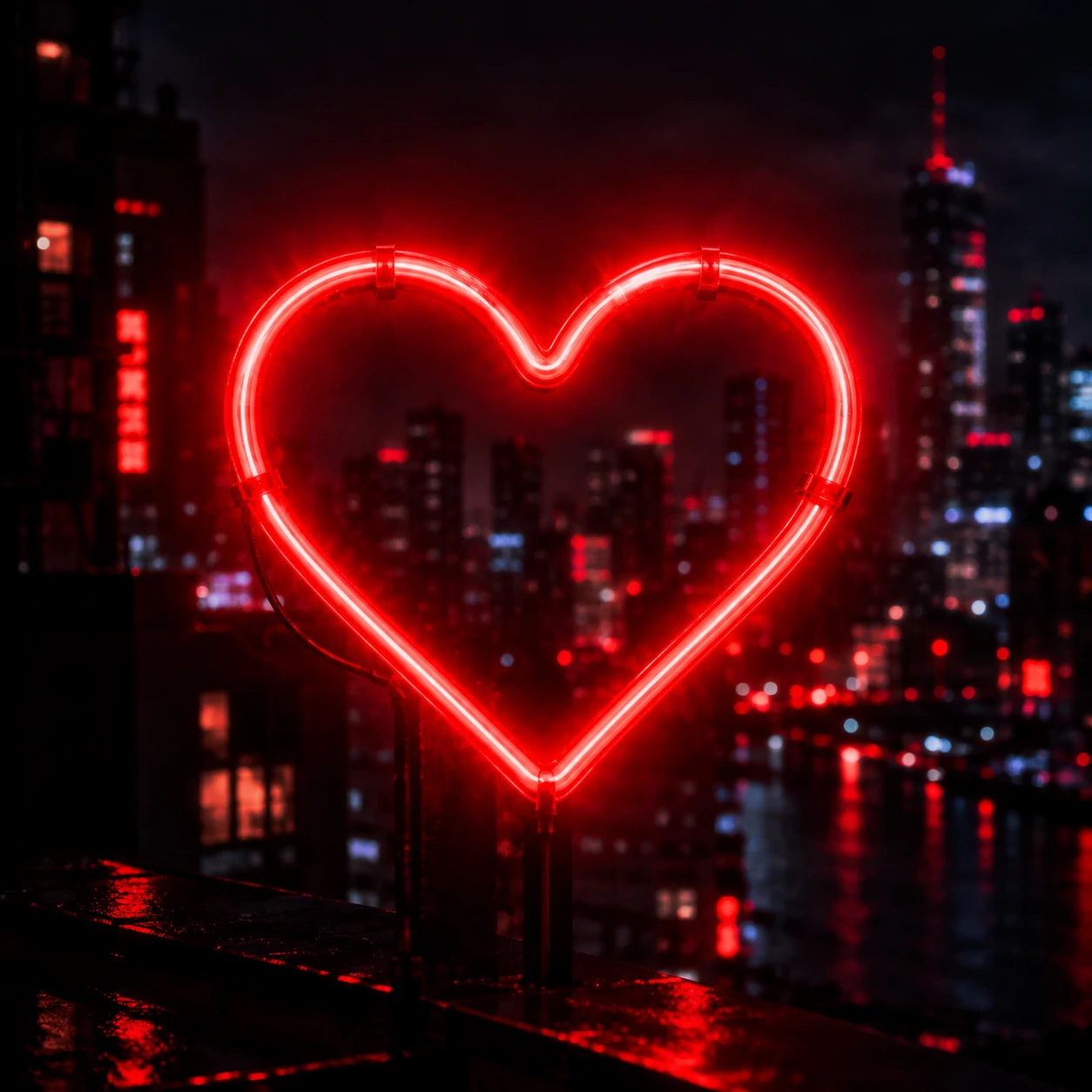 Neon red heart pfp glowing against a dark city night background