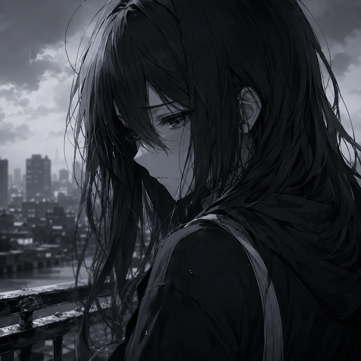 Sad aesthetic anime girl pfp in muted monochrome grayscale tones