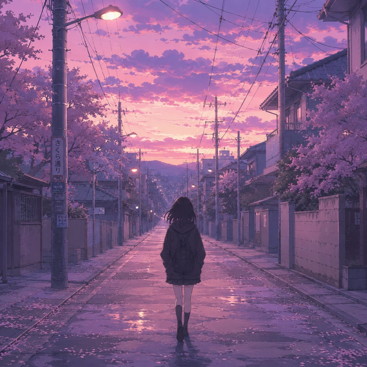 Sad anime girl avatar walking alone down an empty pastel street