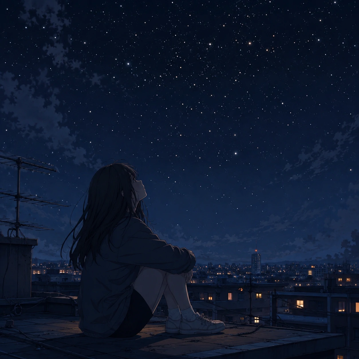 Sad anime girl pfp sitting alone under a sky full of tiny scattered stars