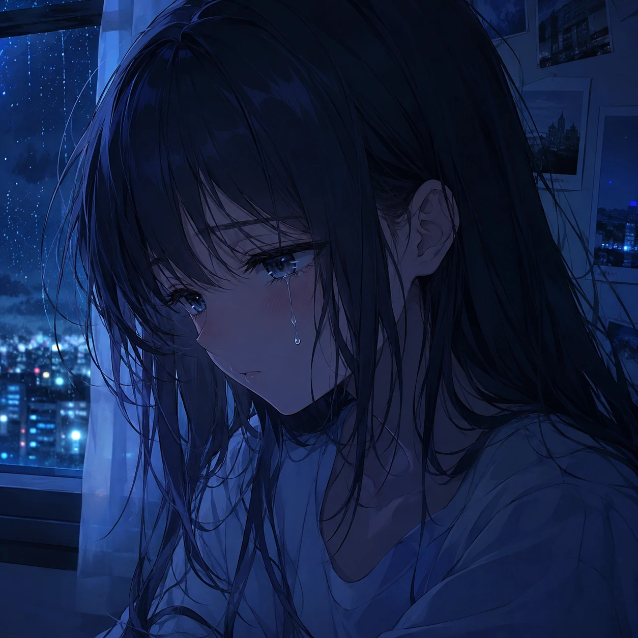 Sad anime girl pfp with quiet tears rolling down her cheek in blue light