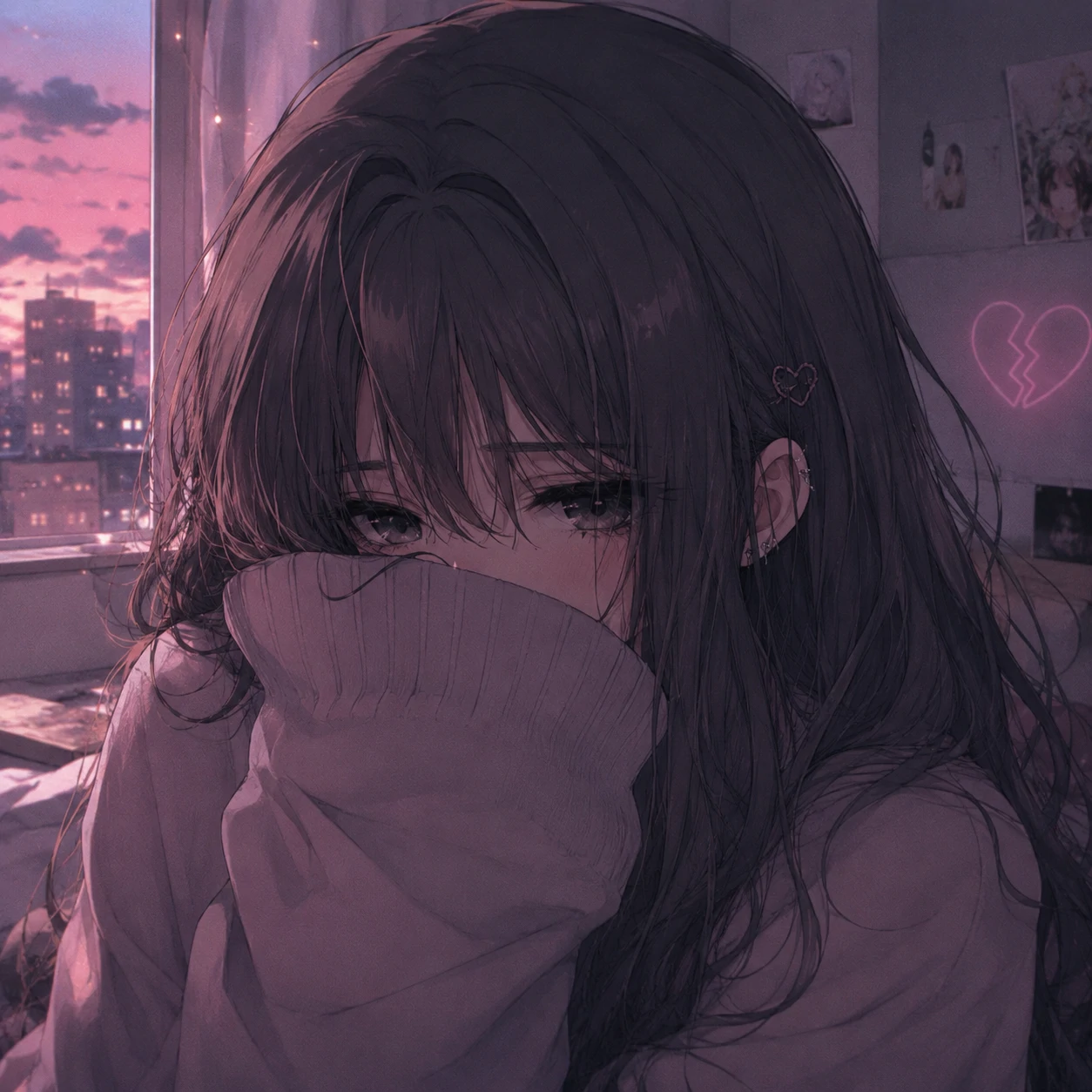 Sad anime pfp of a girl covering part of her face with an oversized sleeve
