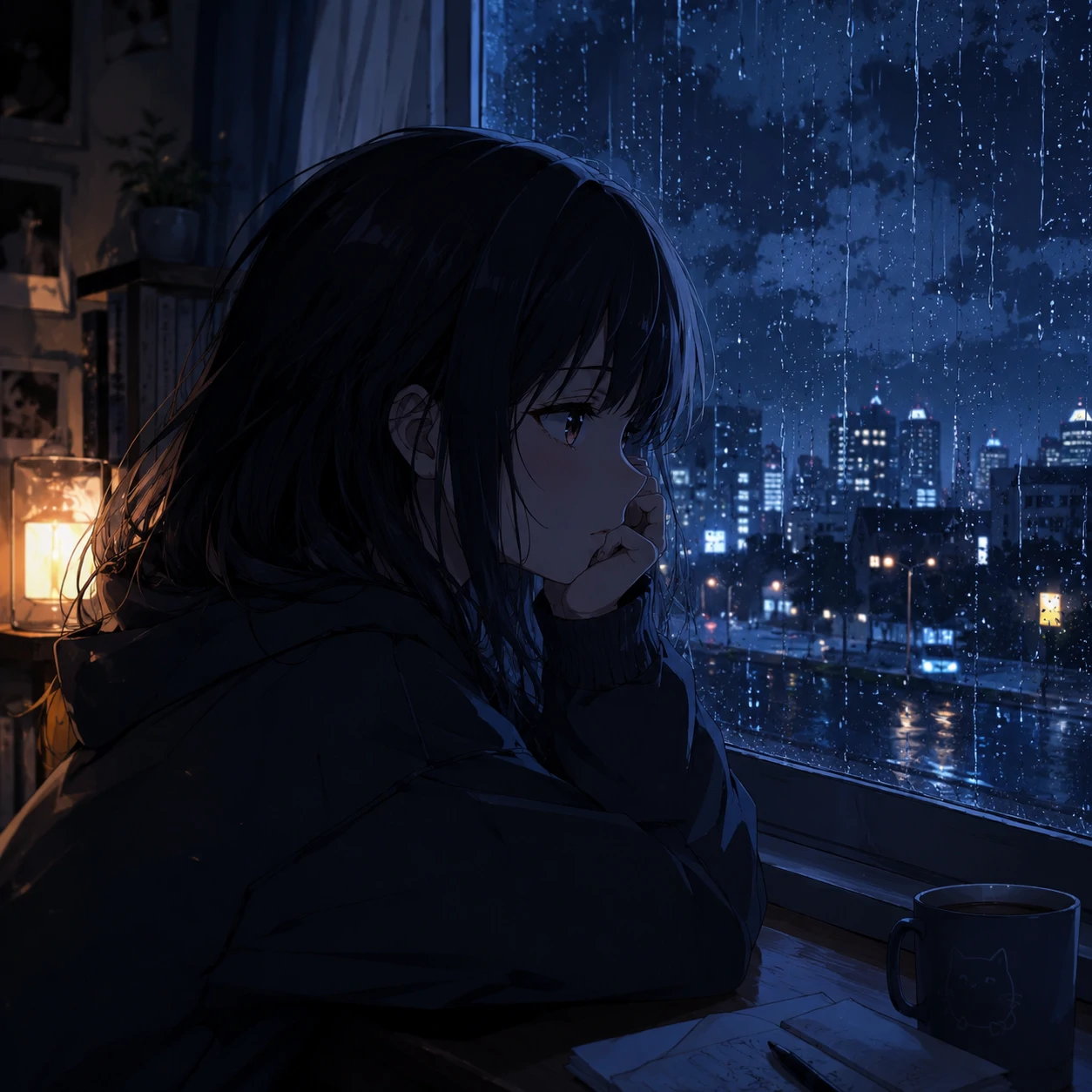 Sad anime pfp of a girl looking out a rain-streaked window at night
